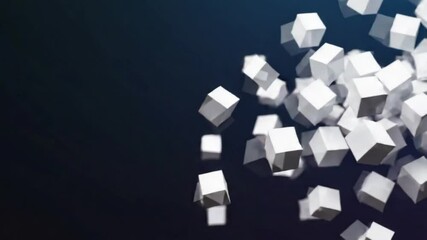 Abstract motion of white cubes floating in dynamic arrangement on dark blue background