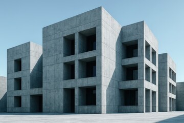 Poster - Modernist architecture showcases a series of concrete cube buildings under a clear blue sky, emphasizing minimalist design.