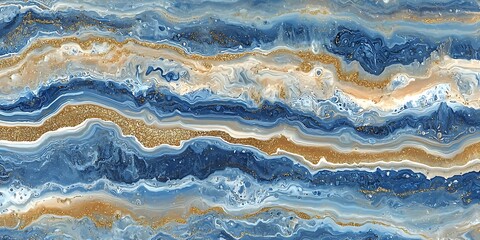 Poster - Blue and Gold Abstract Marble Texture with Striking Wavy Patterns
