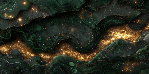 Poster - Abstract Green and Gold Marble Texture with Twinkling Star Detail