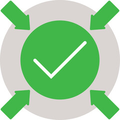 Poster - Four green arrows pointing towards a central green checkmark symbol isolated on transparent background