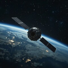 Wall Mural - A high-tech artificial satellite is orbiting Earth amidst twinkling stars.