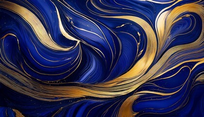 Fototapete - flowing indigo pattern highlighted by shimmering gold streams