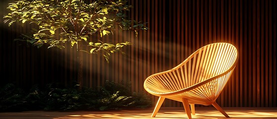 Poster - Elegant Wooden Chair Bathed in Soft Light with Green Foliage
