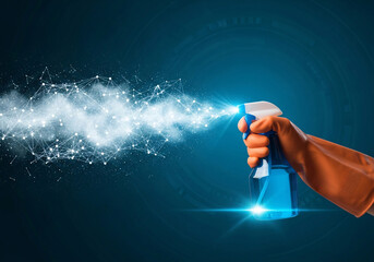 a concept of digital disinfection and cybersecurity with a hand spraying a data network