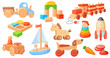 © ssstocker - Cartoon wooden toys. Children wood toy, montessori puzzle game kindergarten workshop preschool baby playing vintage old toys set model elements kids car neat vector illustration