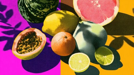 Poster - Colorful Fruits Collage With Vibrant Shadows Creating an Artistic Display Suitable for Creative Projects