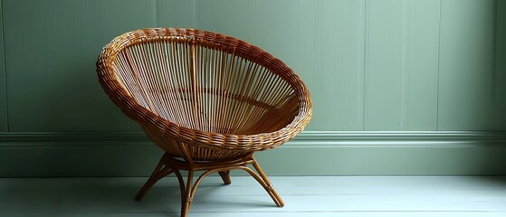 Poster - Cozy Rattan Chair in Minimalist Room with Soft Green Walls