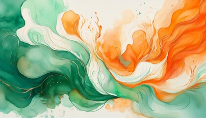 Poster - abstract watercolor painting with green orange and white colors blending together