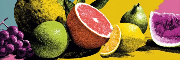 Poster - Vibrant Fruit Collage Showcasing Colorful Citrus and Other Fruits Against a Dynamic Graphic Background for Creative Design