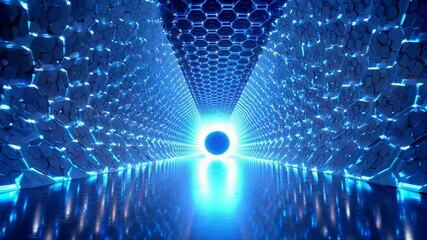 Poster - Futuristic Blue Neon Tunnel: A Digital 3D Render