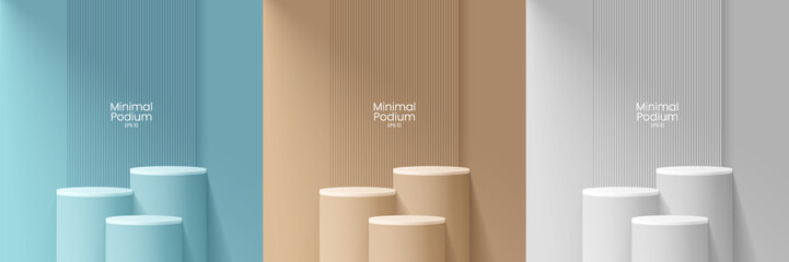 Wall Mural - Abstract minimal scene. Minimal podium with soft material base. Soft podium stages and product showcase platform with covers and golden in round and square shape. 