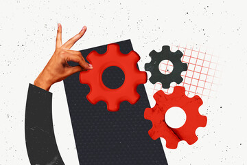 Poster - Template poster trend artwork 3D photo collage of hand hold cogwheel mechanism machinery gear support app occupation engineering synergy