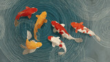 Koi fish swimming circular water pattern, traditional Japanese