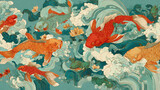 Colorful koi fish swimming in traditional Japanese watercolor style