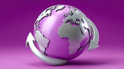 Poster - Metallic globe with arrows encircling it on purple background symbolizes global connectivity and movement