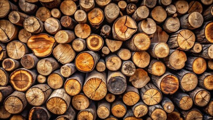 Poster - A captivating arrangement of neatly stacked wood logs, showcasing the intricate patterns of their cross-sections, reveals the natural beauty of the wood grain and texture in warm, earthy tones.