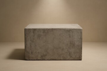 Poster - Minimalist concrete cube sits elegantly on a neutral surface against a serene beige background for a product presentation.