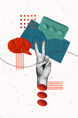 Aufkleber - Trend artwork 3D photo collage design of letter think mind note balloon message symbol hand body language showing gesture two finger peace