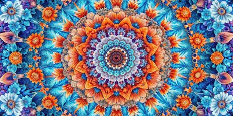 Poster - Vibrant Floral Mandala A Symphony of Blue and Orange Hues in Intricate Petals and Symmetrical Design
