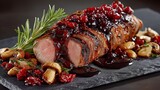 Barbecue deer haunch on a slate slab with cranberry sauce and mushrooms