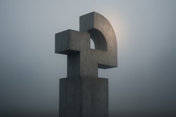 Poster - Abstract concrete sculpture stands in foggy weather, casting shadows and showcasing minimalist design.