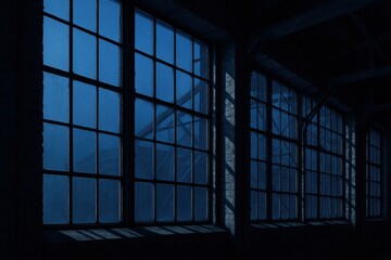 Poster - Industrial warehouse windows glow with mysterious blue light, casting long shadows and architectural detail in an interior space.