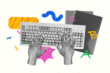 Poster - Sketch composite 3D photo collage trend artwork of qwerty keyboard hand type write copybook school september student study uniform