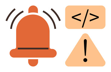 Poster - Ringing notification bell, warning triangle with exclamation mark, and coding syntax brackets. Ideal for alerts, warnings, notifications, coding errors, troubleshooting reminders debugging. Simple