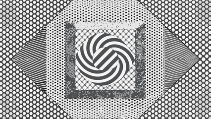 Poster - Abstract black and white geometric patterns with swirling circle and hexagons