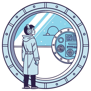     Neon light blue circle portal with electronics elements and wires are on a futuristic technology circuit board. Technology sky-fi background. Round glowing HUD with space for text. Vector tech bg
