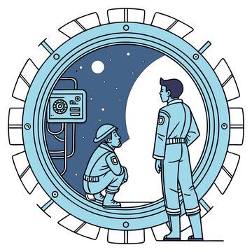     Neon light blue circle portal with electronics elements and wires are on a futuristic technology circuit board. Technology sky-fi background. Round glowing HUD with space for text. Vector tech bg
