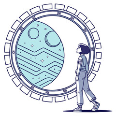 Poster -     Neon light blue circle portal with electronics elements and wires are on a futuristic technology circuit board. Technology sky-fi background. Round glowing HUD with space for text. Vector tech bg
