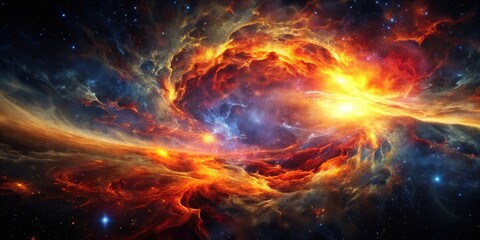 Poster - A Fiery Cosmic Nebula, a swirling vortex of incandescent gases and stellar dust, displays a vibrant spectacle of celestial fire and light against the backdrop of a dark, star-studded expanse