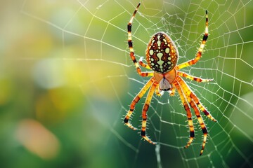 Colorful spider hanging in web with greenery