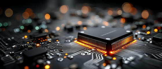 Poster - Microchip with glowing orange lights black circuit board, technology close up showing electronic connections and intricate