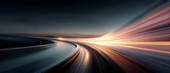 Poster - Curved highway at dusk with dynamic light trails creating sense of speed and adventurous motion