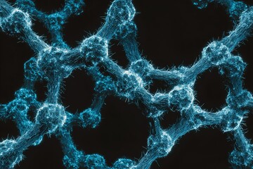 Poster - Molecular structure illuminated in blue against a dark background showcasing intricate connections and patterns