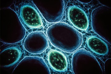 Poster - Microscopic view of cellular structures showcasing intricate patterns and glowing elements in organic tissues