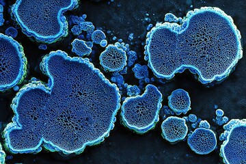Poster - Vibrant close-up of blue microorganisms forming unique structures on a dark background in a laboratory setting