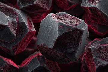 Poster - High-resolution close-up of black minerals showcasing unique textures and formations with a dramatic red hue in the background