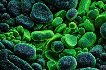 Poster - Microbial life forms observed under a microscope highlighting intricate details and vivid colors in a laboratory setting