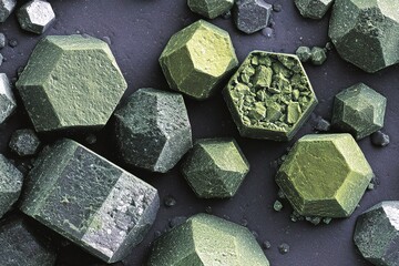 Poster - Intricate green crystals displayed on a dark surface showcasing their unique hexagonal formations and textures