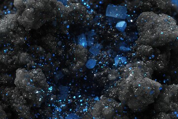 Poster - Beautiful blue crystals among dark minerals in a close-up view highlighting natural geological formations