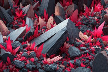 Poster - Vibrant crystal formations and textured stones create a stunning landscape at dusk in an abstract mineral world