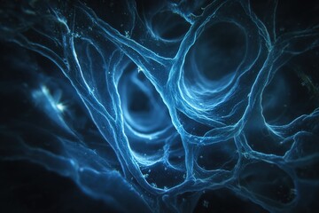 Poster - Intricate networks of blue fibers illuminated in a dark environment showing details of organic or abstract structure
