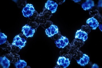Poster - Molecular structure showcases interconnected blue particles against a dark background, emphasizing scientific exploration