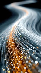 Fototapete - A dynamic close-up of glowing fiber optic strands flowing in a curved path, emitting orange and white lights in a futuristic abstract style