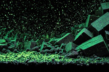 Poster - Vibrant green particles scatter across a textured surface creating a mesmerizing abstract landscape at night