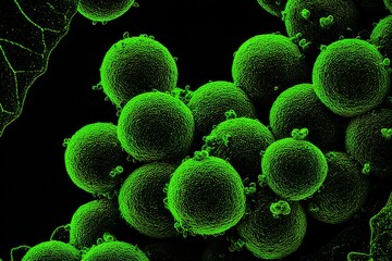 Poster - Microscopic view of green bacteria in a vibrant and detailed representation of cell structures under magnification